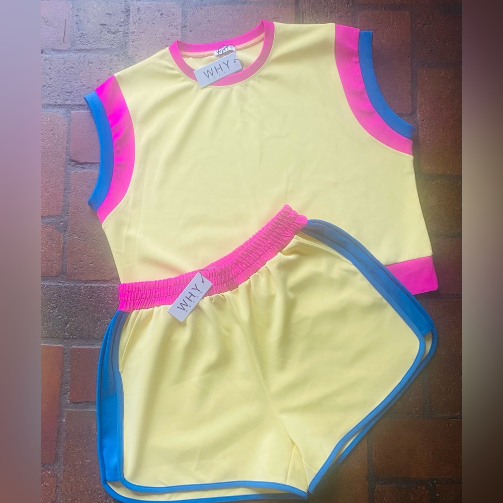 Vibrant Yellow Sleeveless Set with Pink and Blue Accents
